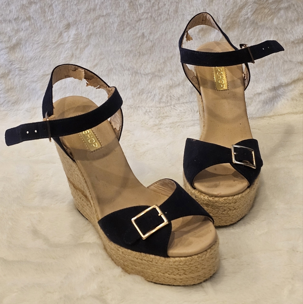 Topshop Navy Black Espadrilles Platform Wedges Sandal Sz 36